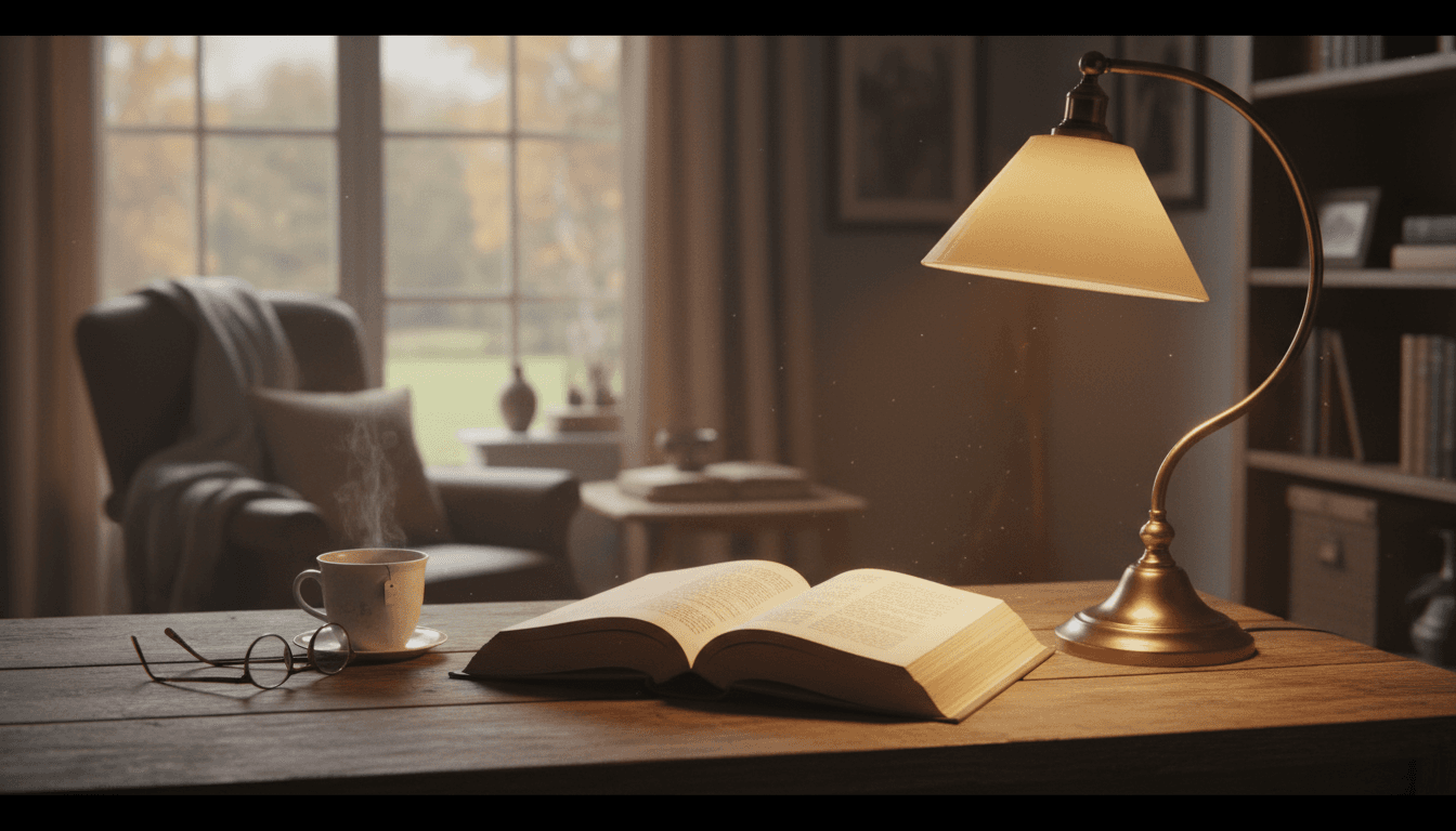 An open book resting on a table in a cozy home office with warm lamplight