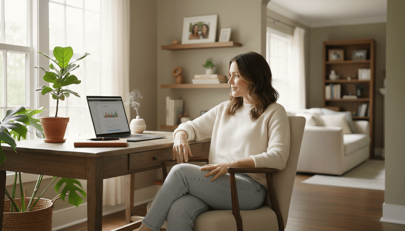 Professional woman smiling in modern bright home office