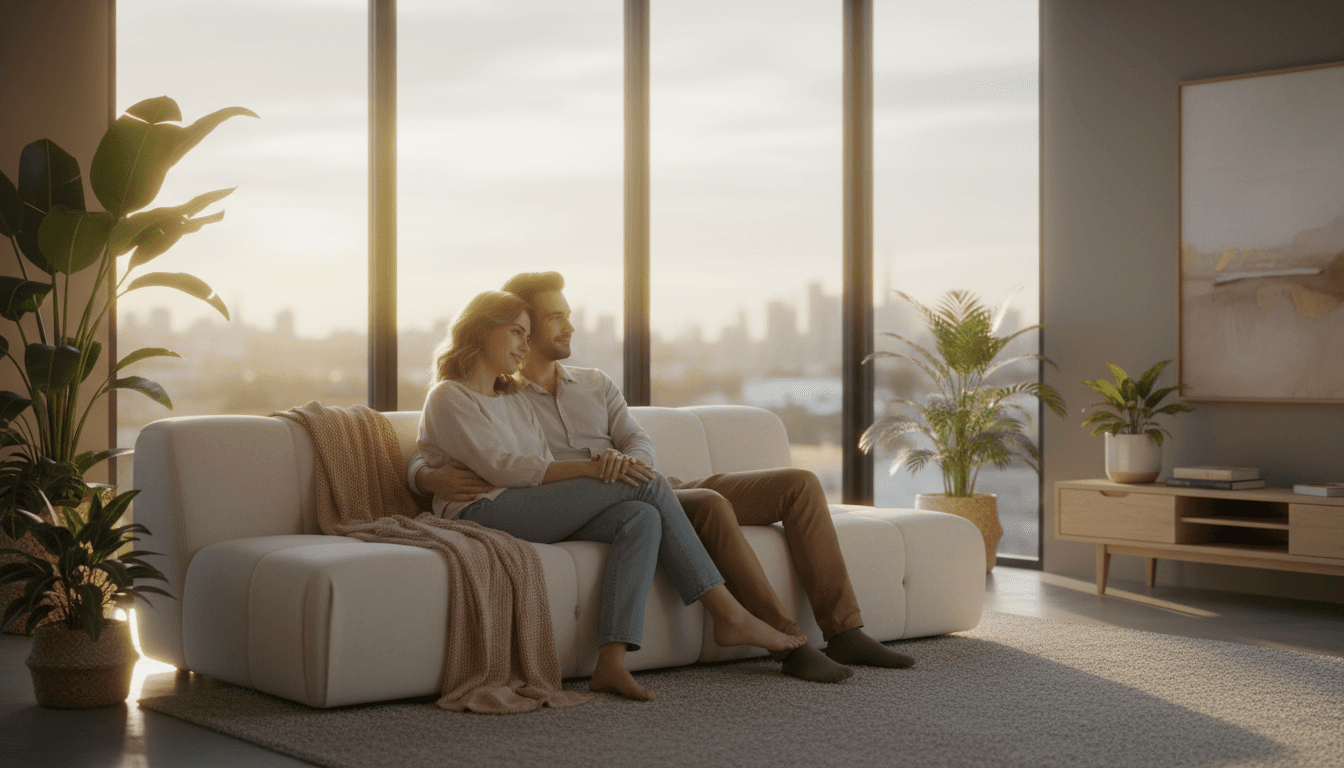 Mature couple relaxing on a porch in warm natural light, looking content