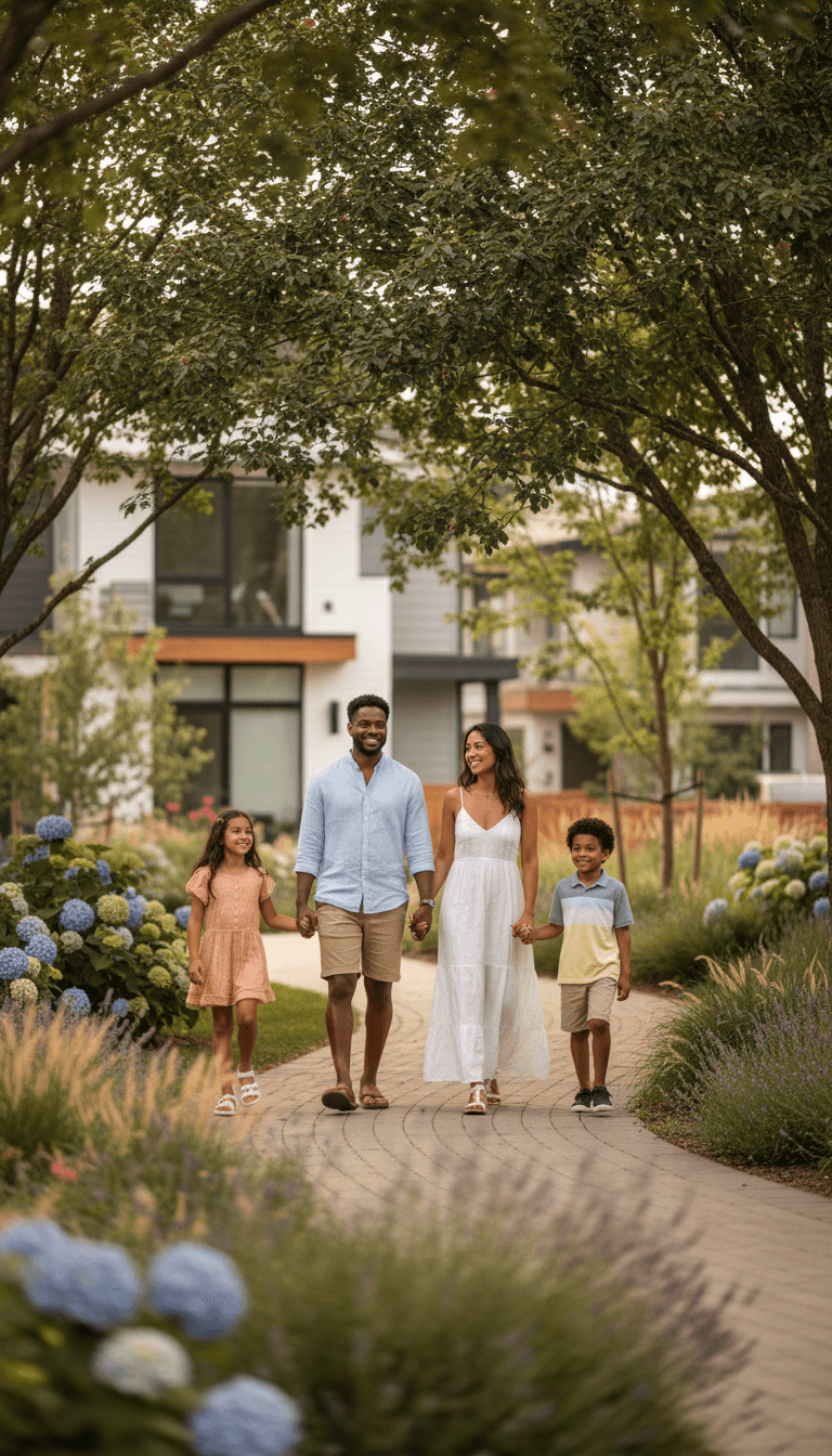 Diverse family of four walking together on tree-lined community pathway surrounded by lush landscaping and modern homes