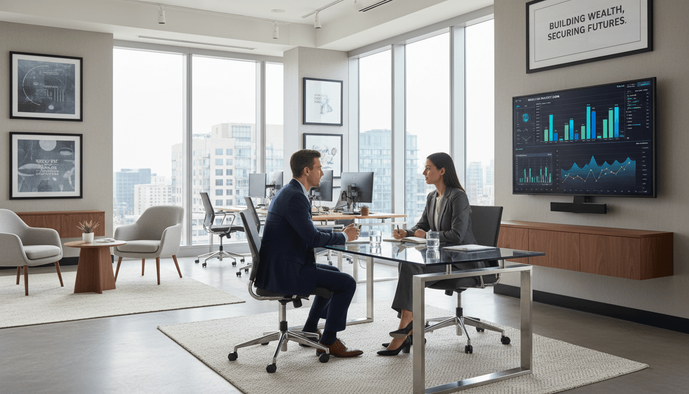 Warm conversation between a financial advisor and a client in a bright office