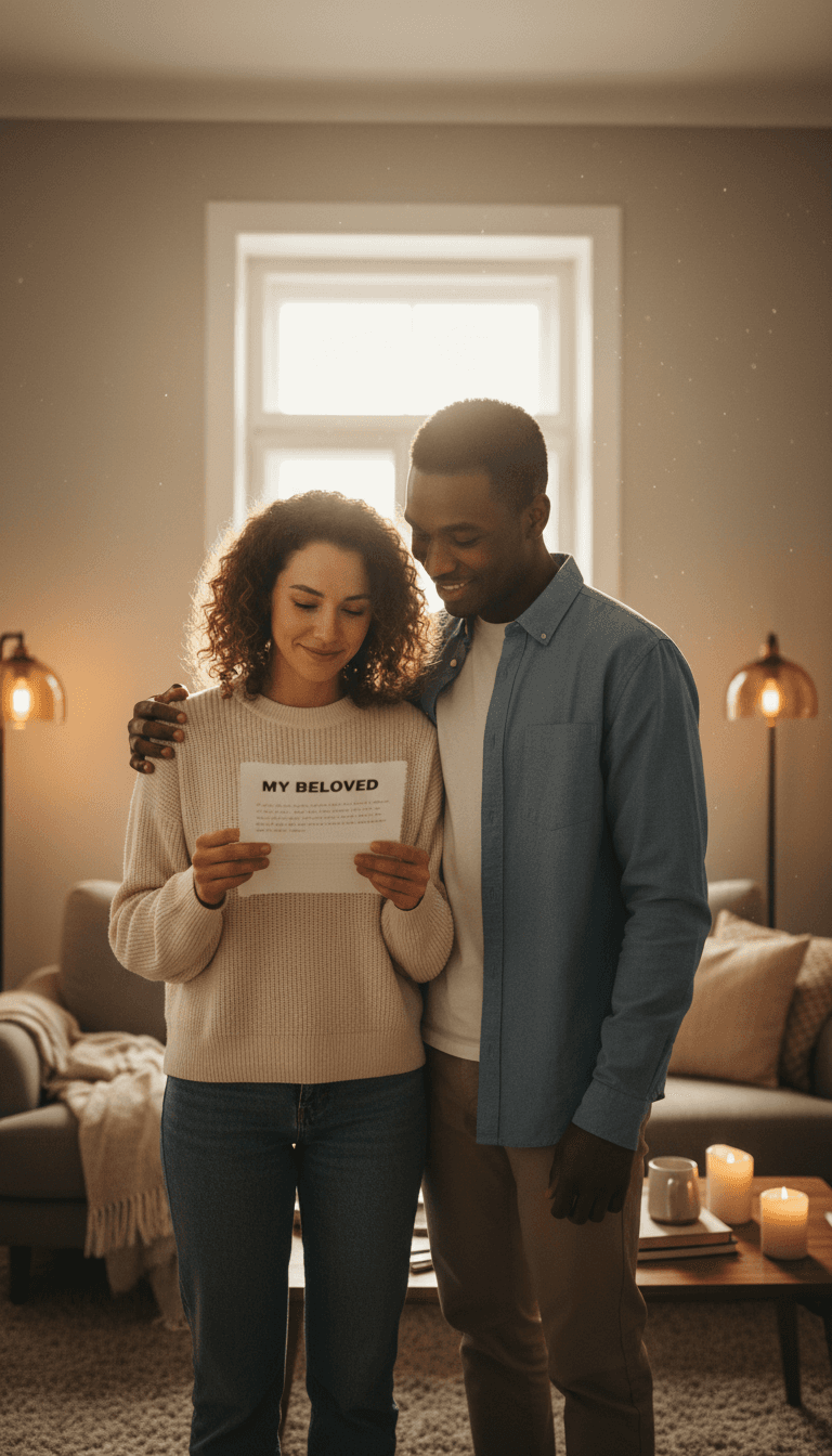 Diverse couple standing together holding handwritten love letter with genuine emotional expression in warm home setting