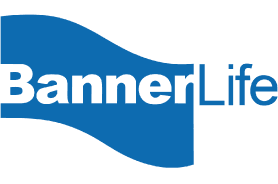 Banner Life logo with white text inside a blue wavy banner and blue text.