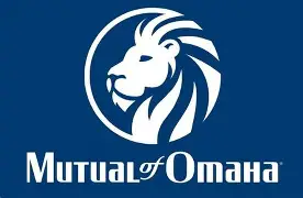 Mutual of Omaha logo with a white lion head profile inside a circle on dark blue.