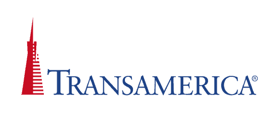 Transamerica logo featuring a red pyramid icon and blue serif text on white background.